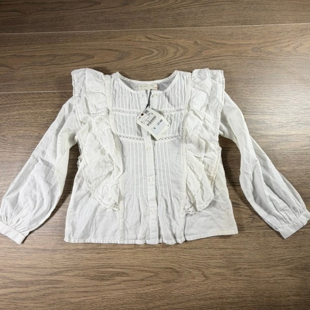 Zara Kids White Ruffle Pintuck Long Sleeve Blouse Top Sz 8 NEW Fall Boho Preppy